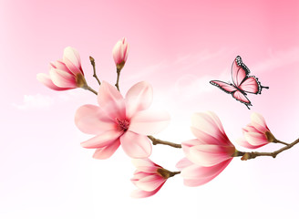 Poster - Nature background with blossom branch of pink flowers and butter