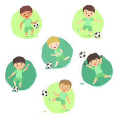 Kids playing Soccer Football Set, Boys Team Green Uniform with different ethnic and action style isolated vector illustration