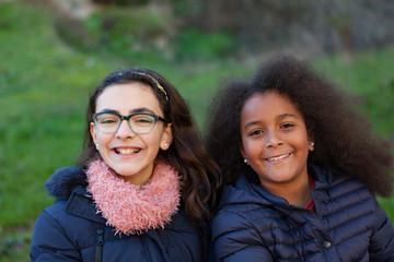 Wall Mural - Two happy girls in the park