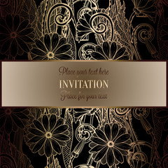 Abstract background with flowers, luxury black and gold vintage tracery made of daisy flowers, damask floral wallpaper ornaments, invitation card, baroque style booklet, fashion pattern