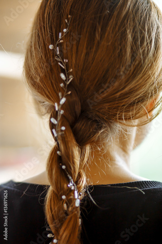 Beautiful Braided Decoration Made Of White Beads On Red Hair Girls