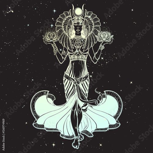 Egyptian Goddess Isis Balancing In Hands Black And White Lotus As