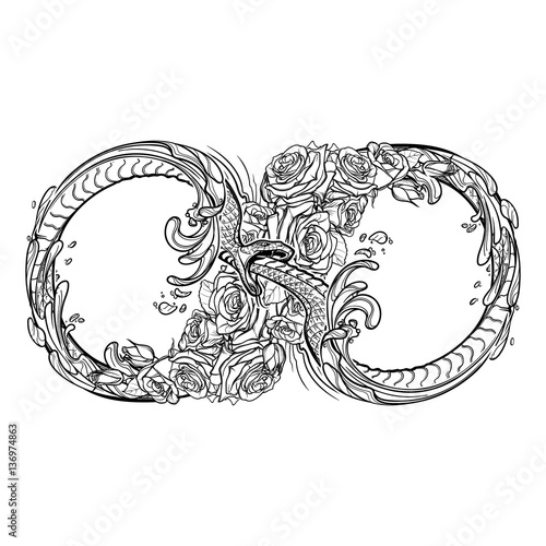 Uroboros Serpent Artistic Decorative Interpretation Of The Mathematical Symbol With Snake Consuming Its Tail And Rose Garland Concept Design For The Tattoo Colouring Book Or Postcard Eps10 Vector Vector De Stock