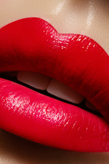 Wall Mural - Beautiful female Lips. Sweet Kiss with red lipstick. Lip Make-up on macro shoot. Hot fashion lip makeup