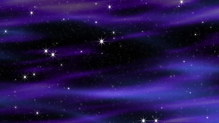 Seamlessly looping twinkling stars shine against a dark background with violet purple and blue motion clouds.