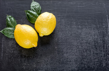 Wall Mural - Fresh lemons on the dark wooden background