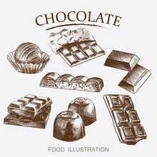 Hand Drawn Set Of Different Kinds Of Chocolate Sketch Style Vector Illustration On White Background. Chocolate Bars, Candies, Beans, Porous