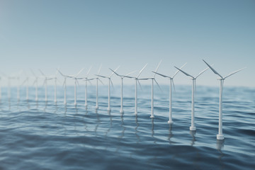 White wind turbine generating electricity in sea, ocean. Clean energy, wind energy, ecological concept. 3d rendering