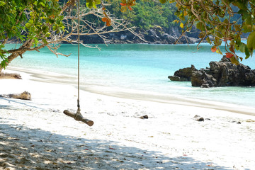 Wall Mural - Swing hang on tree over blue sea beach island. Summer holiday re