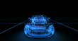 Sport car wire model with blue neon ob black background