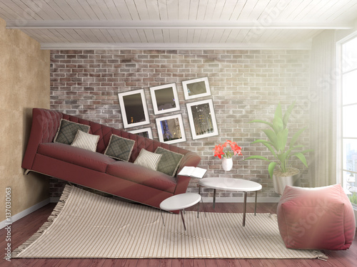 Zero Gravity Sofa Hovering In Living Room 3d Illustration