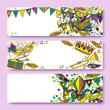 Mardi Gras Or Shrove Tuesday Cards With Green, Yellow And Violet Colors. Carnival Mask And Crowns, Fleur De Lis, Feathers. Perfectly Fit For Banner, Invitation, Party. Vector Illustration
