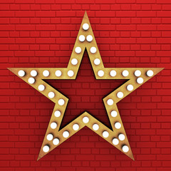 Wall Mural - Golden star with light bulbs on brick wall. 3D rendering