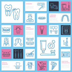 Wall Mural - Dentist, orthodontics line icons. Dental care equipment, braces, tooth prosthesis, veneers, floss, caries treatment and other medical elements. Health care thin linear signs for dentistry clinic.