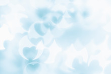  Valentine's Day Abstract Background Of Soft Blue, White Bokeh Blur Hearts. Festive Valentine Backdrop.
