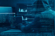 © Alexander - Internet crime concept. Hacker working on a code on dark digital background with digital interface around.