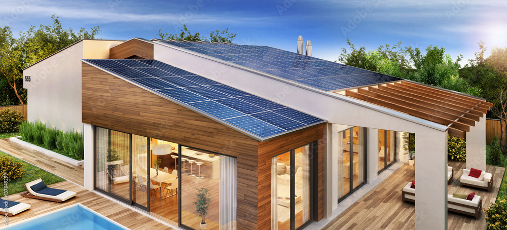 Modern house with solar panels on the roof - obrazy, fototapety, plakaty 