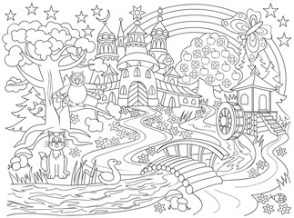 Wall Mural - Black and white drawing of fairyland country. Illustration of medieval castle in the magic forest for coloring. Worksheet for children. Vector image.