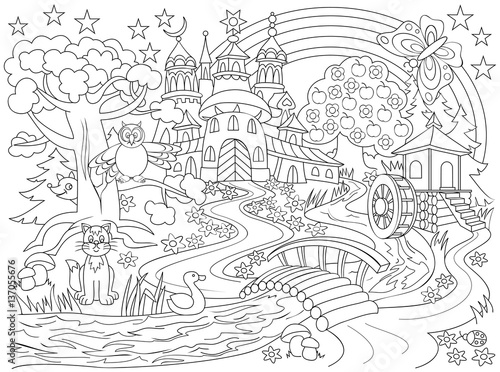 Black And White Drawing Of Fairyland Country Illustration Of Medieval Castle In The Magic Forest For Coloring Worksheet For Children Vector Image Stock Vector Adobe Stock Black And White Drawing Of Fairyland Country Illustration Of Medieval Castle In The Magic Forest For Coloring Worksheet For Children Vector Image Stock Vector Adobe Stock