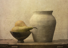 Fruit Still Life With Pears On Wooden Table. Vintage Rustic Food Image With Artistic Texture Effect.
