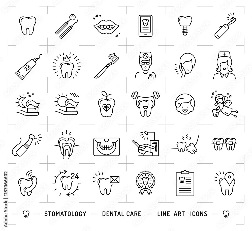 Stomatology icon Dental care logo. Symbols teeth, dentist, smile, caries, implant, office. Dentistry thin line art icons, Vector flat illustration - obrazy, fototapety, plakaty 