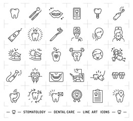 Wall Mural - Stomatology icon Dental care logo. Symbols teeth, dentist, smile, caries, implant, office. Dentistry thin line art icons, Vector flat illustration