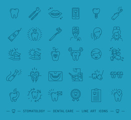 Wall Mural - Stomatology icon Dental care logo. Symbols teeth, dentist, smile, caries, implant, office. Dentistry thin line art icons, Vector outline elements