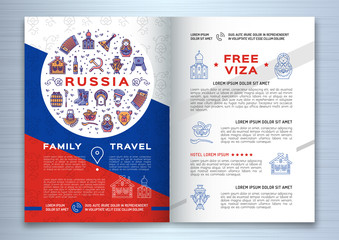 Russian travel brochure template. Colorful russian icons on a flag background. Traditional line symbols - doll matryoshka, samovar, balalaika, vodka and food, bear, USSR and etc. Vector illustration