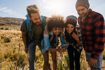 Wall Mural - group of young people hiking in nature and taking pictures