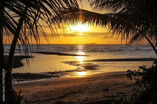 Naklejka ścienna Zachód słońca pod drzewkami palmowymi na tropikalnej plaży