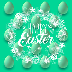 Wall Mural - Happy Easter. 3D Egg. Green spring background with eggs, flowers