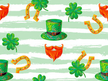 Irish St. Patrick's Day Party Seamless Pattern With Leprechaun With Symbolic Green Hat And Bushy Red Beard, Green Clover Leaf And Horseshoe. Holiday Texture. Celebration Design