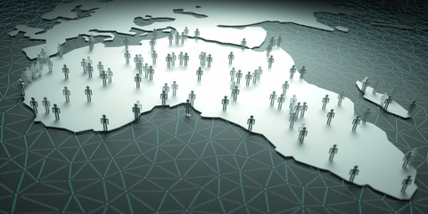 africa population. 3d illustration of people on the map, representing the country's demography.