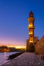 Τhe Amazing Lighthouse, At Sunset, Crete, Greece.
