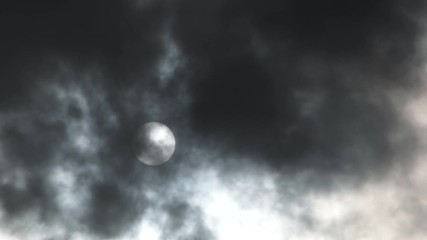 Wall Mural - dark clouds and smoke swarm the sky as sun, or full moon, passes through the sky.