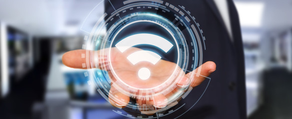 Poster - Businessman using free wifi hotspot interface 3D rendering