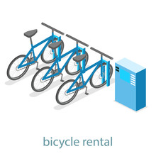 Isometric Flat 3D Isolated Vector Cutaway Interior Bicycle Rental