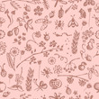 © Valentain Jevee - Seamless vector pattern, background with hand drawn cute insects, animals, fruits, flowers, leaves, decorative elements Hand sketch line drawing. doodle style Series of Hand Drawn seamless Patterns.