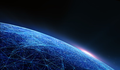 Fototapete - Technology background, abstract background with connecting dots and lines. Connection structure digital communication. Earth futuristic technology abstract background.	