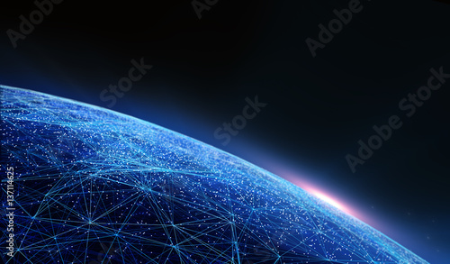Plakat Global International Connectivity Background / Connection lines Wokół globu Ziemi, Futurystyczna technologia Motyw tła z efektem świetlnym.