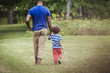 © Cavan Images - Rear view of girl (2-3) holding hands with her father in field
