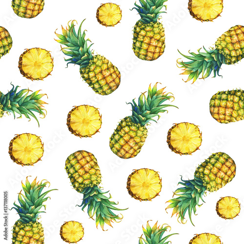 bezszwowy-wzor-swiezy-owocowy-ananas-z-zielonymi-liscmi-recznie-rysowane-akwarela-malarstwo-na-bialym-tle