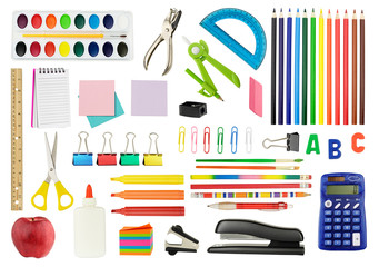 collection of various school supplies, isolated on white background.