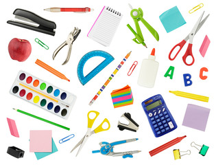 arrangement of various school supplies, isolated on white. suitable for use as a back-to-school back