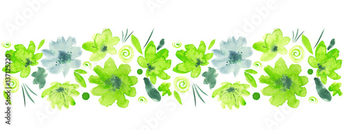 Green Watercolor Flowers Border Leaves Dots Spirals And Decorative Elements Seamless On White Background Nice For Sites And Card Decoration Stock Illustration Adobe Stock