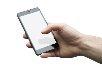 Photo of a man's hand holding mobile phone with blank display on white background