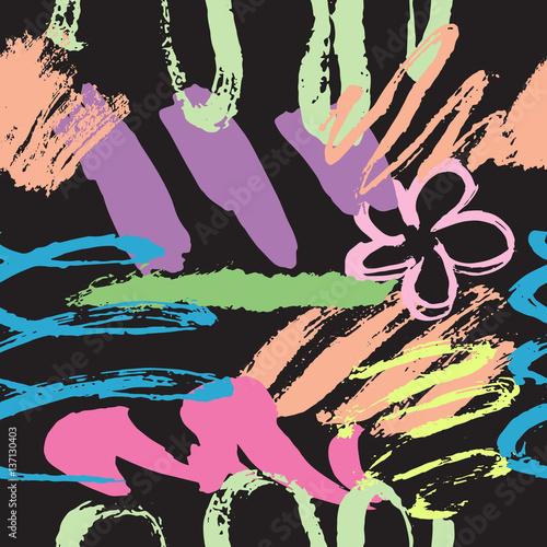 Download Floral Brush Strokes Hand Paint Illustration With Colorful Flowers Splashes Zigzag Elements And Doodles Grunge Style Drawing Stock Photo Adobe Stock