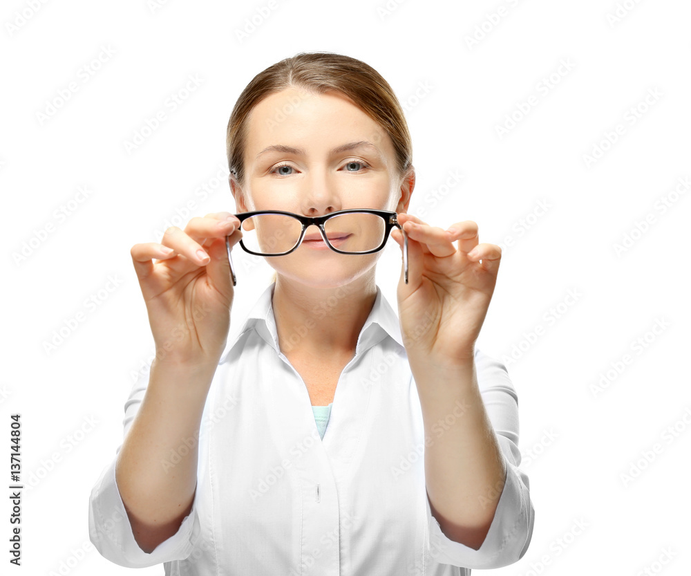Young woman with spectacles on white background