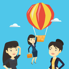 Poster - Business woman hanging on balloon.