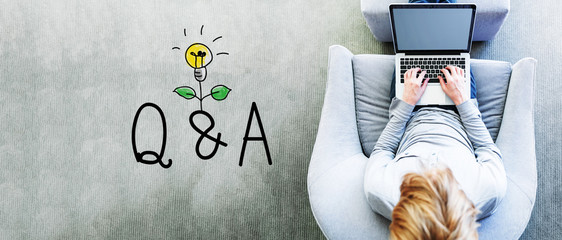 Wall Mural - q and a text with man using a laptop